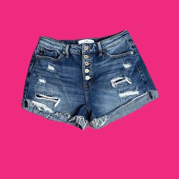 KanCan High Rise Distressed Turn Up Hem Denim Shorts Blue Sz Medium - Picture 1 of 10